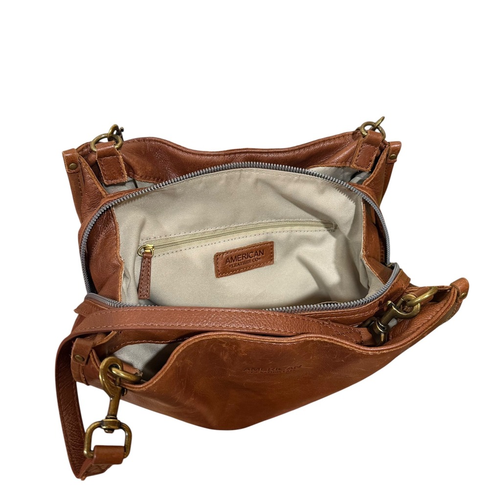 American Leather Co Brown Genuine Leather Shoulder Bag Satchel Handbag Brass - Picture 8 of 12